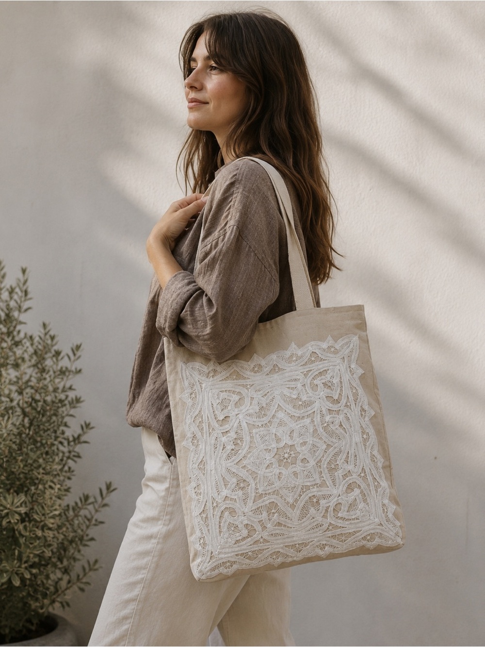 Lace Trimmed Organic Cotton Tote Bag